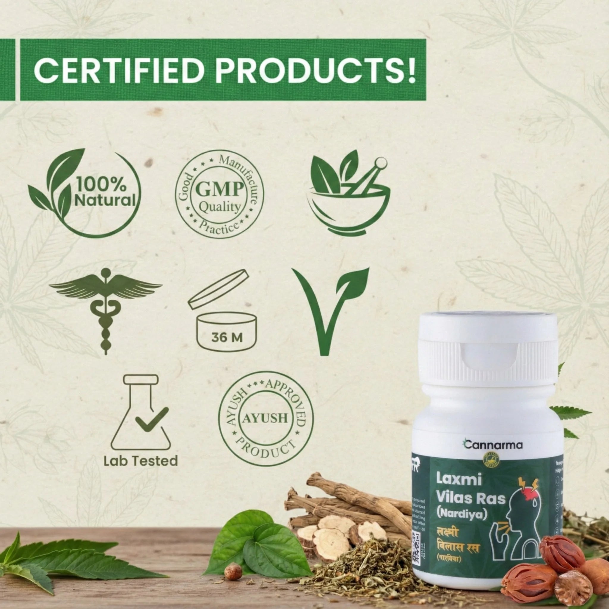 Certified products label with various green icons and a bottle labeled 'Laxmi Vilas Ras' on a natural background.