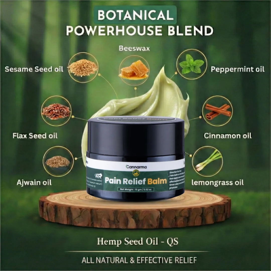 Pain relief balm jar with botanical ingredients on a green background