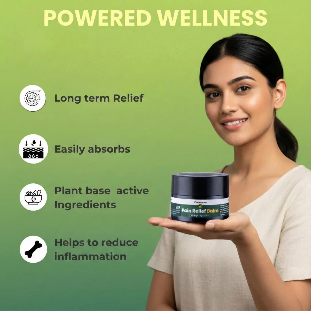 Woman holding a jar of Pain Relief Balm with 'Powered Wellness' branding and product benefits listed.