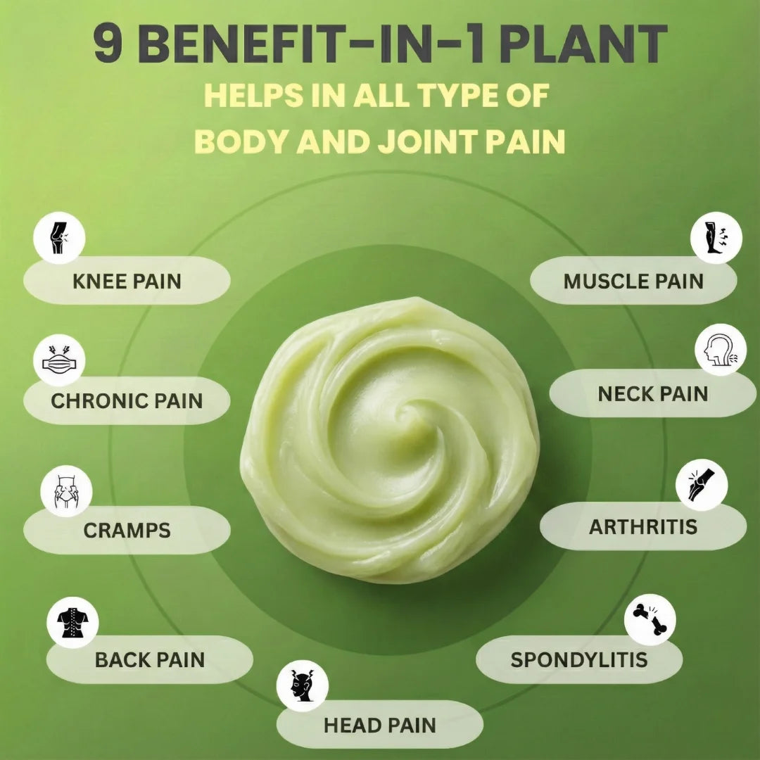 Product with text highlighting 9 benefits for various types of pain on a green background