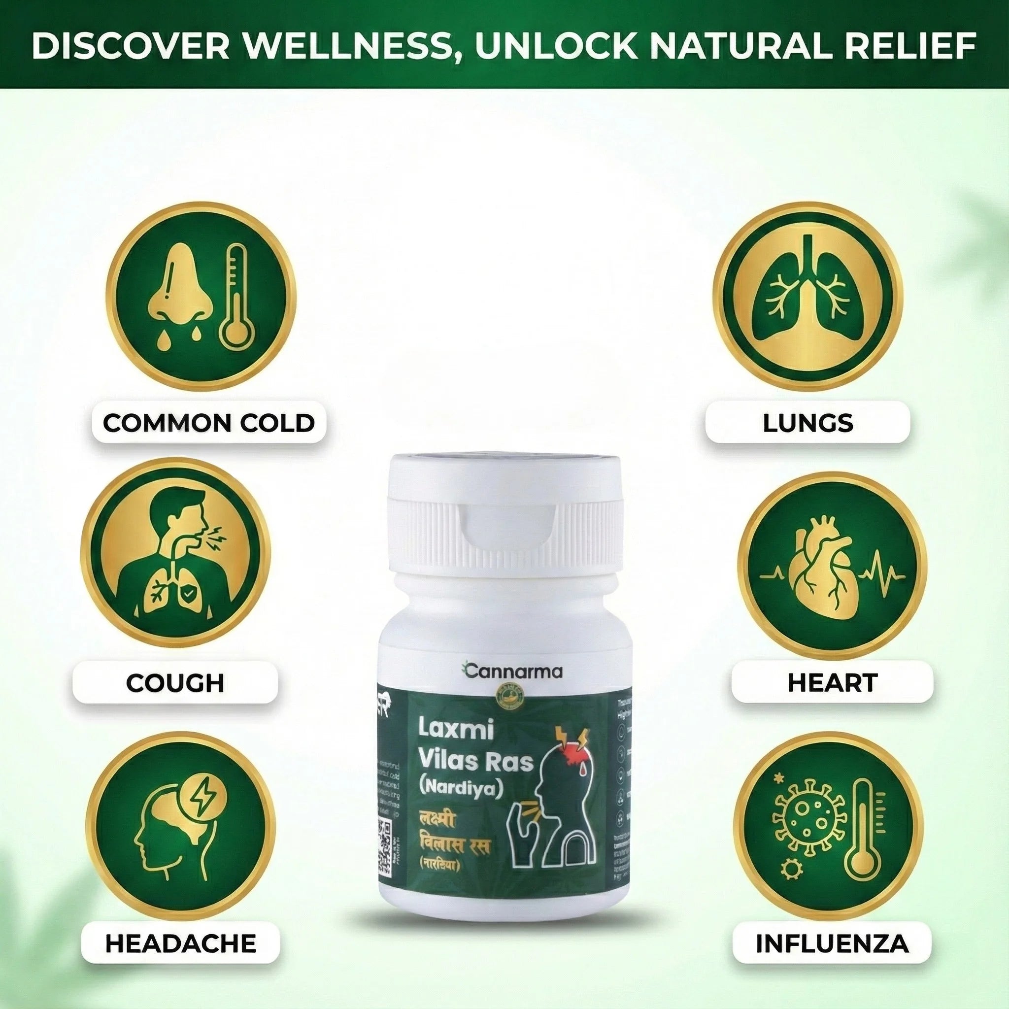 Cannama Laxmi Vilas Ras bottle with health icon labels on a green background