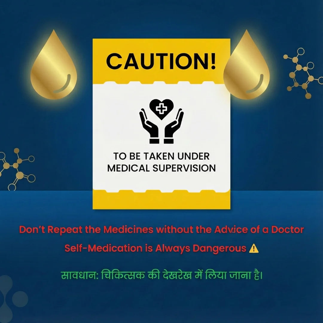 Caution label for medicines with medical supervision advice on a blue background