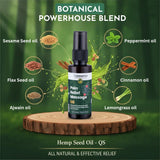 Botanical Pain Relief Massage Oil with ingredients on a green background