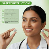 Woman in a white coat holding two pills with safety instructions on a green background