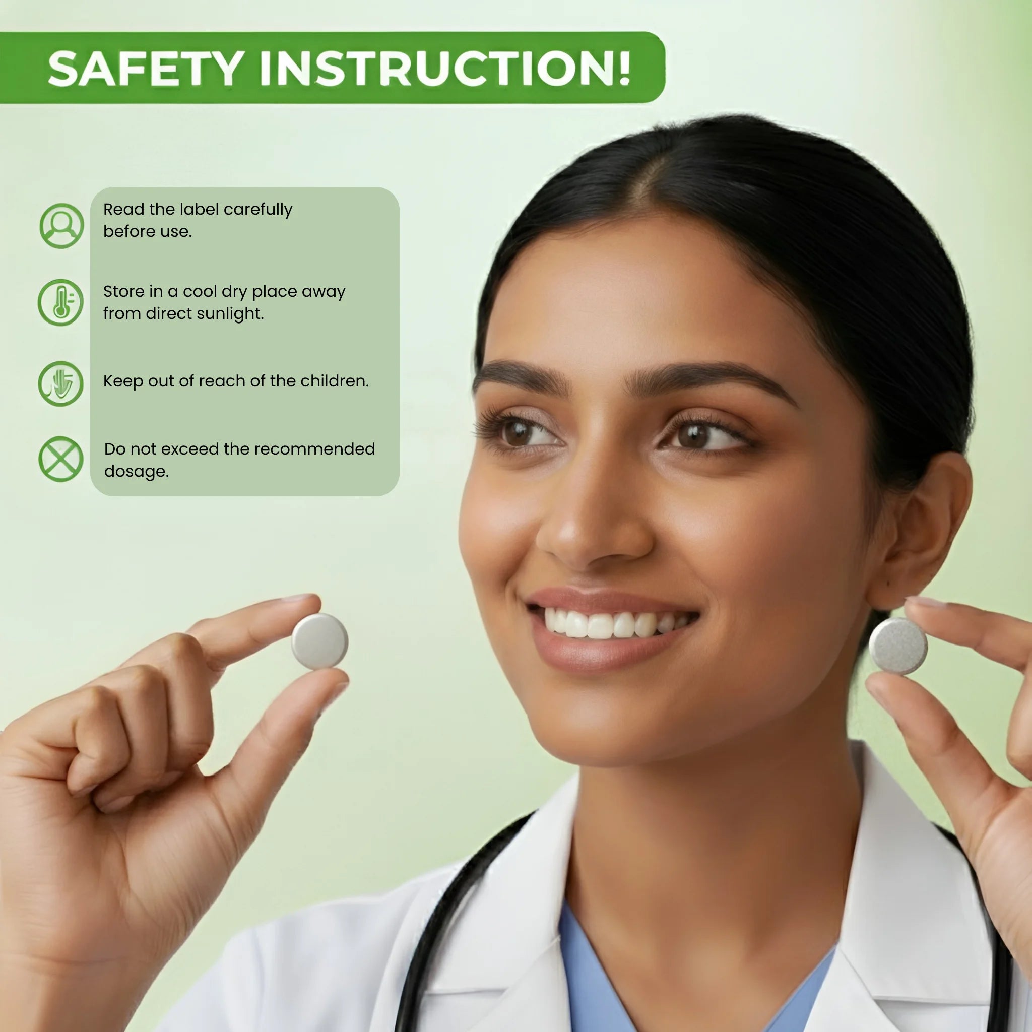 Woman in a white coat holding two pills with safety instructions on a green background