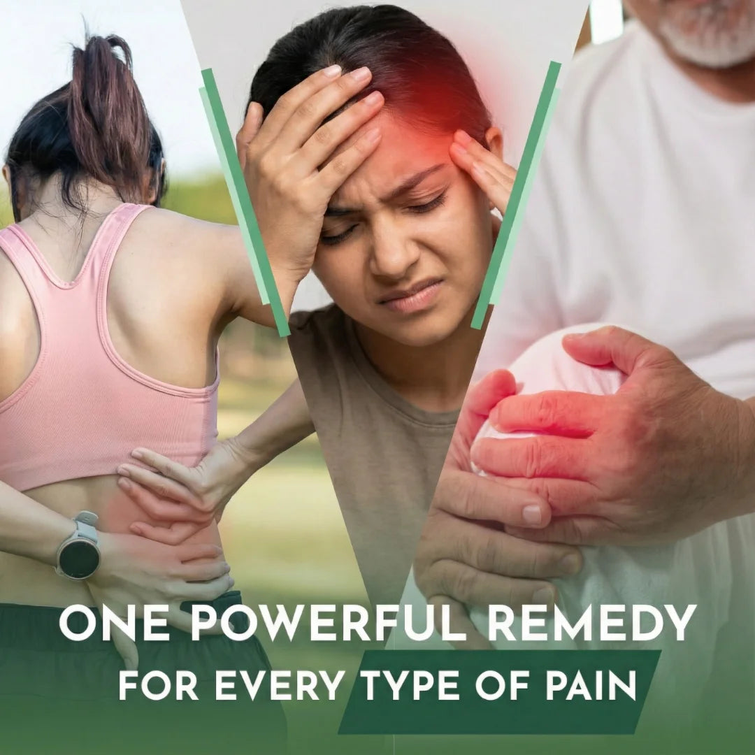 Three people experiencing different types of pain with text overlay on a green background