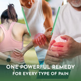 Two people experiencing pain in their joints with a text overlay about a powerful remedy for pain.