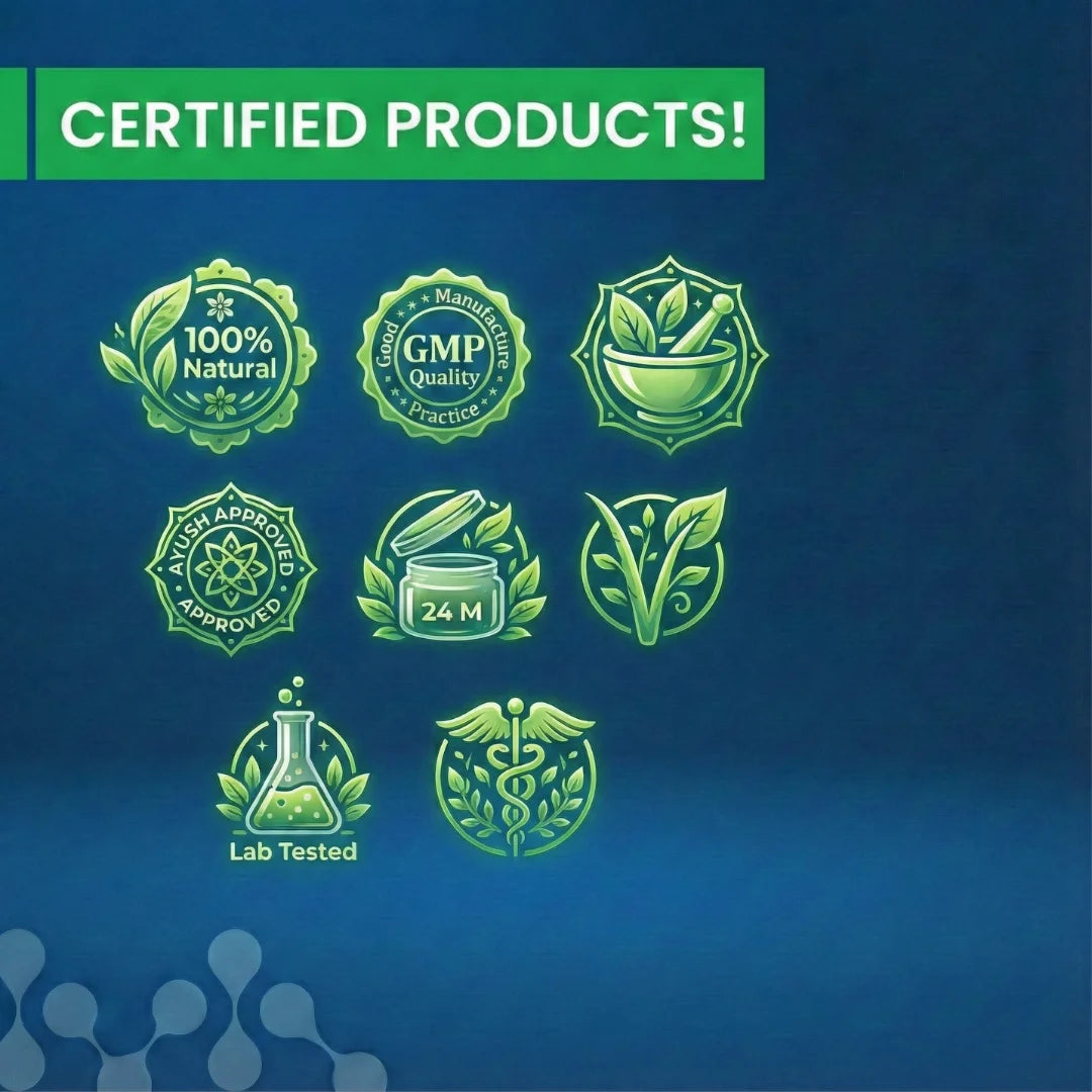Set of green certification logos on a blue background with 'CERTIFIED PRODUCTS!' text at the top.