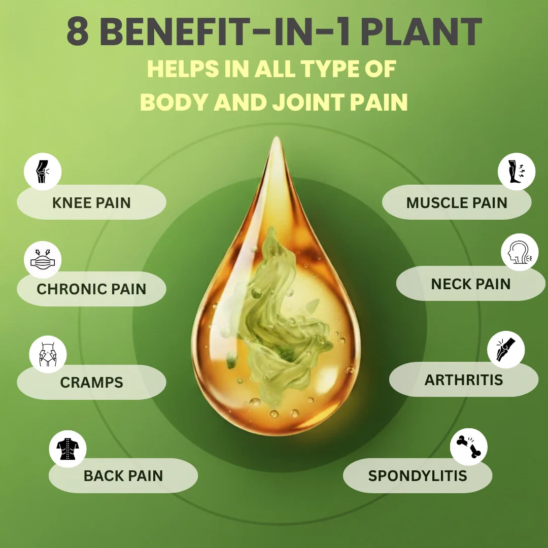 Oil droplet with plant extract on a green background, listing benefits for various types of pain.