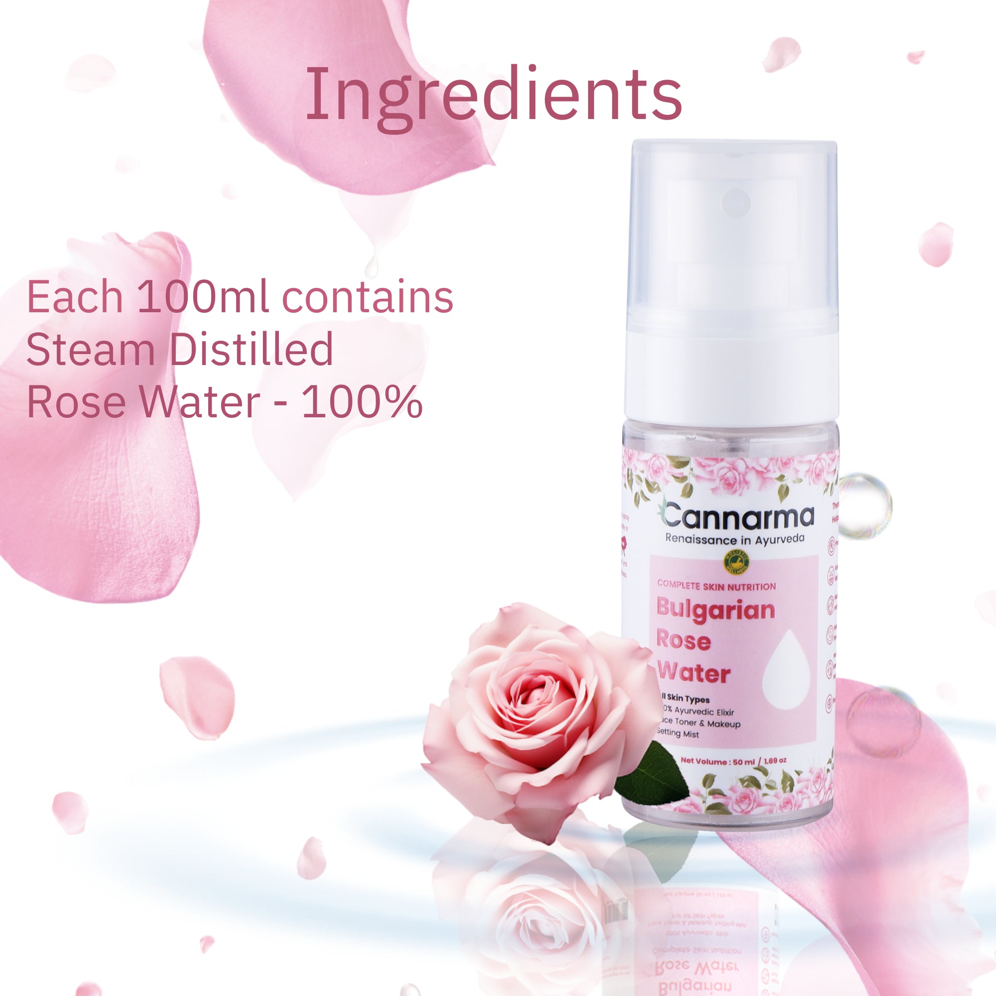 Cannarma Bulgarian Rose Water 100ml with steam distilled ingredients for skin hydration