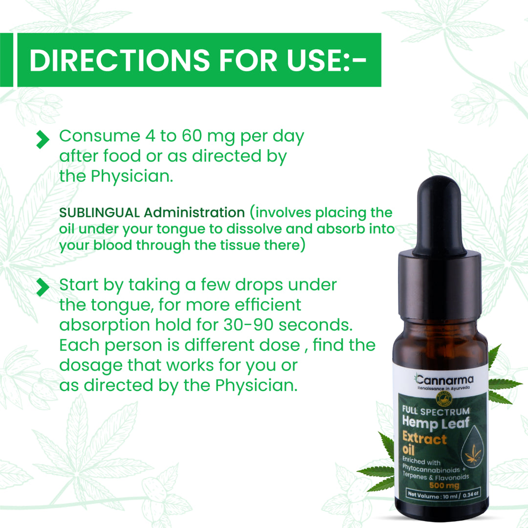 Cannarma Full Spectrum Hemp Leaf Extract Oil 500mg with instructions for use and dosage guidance