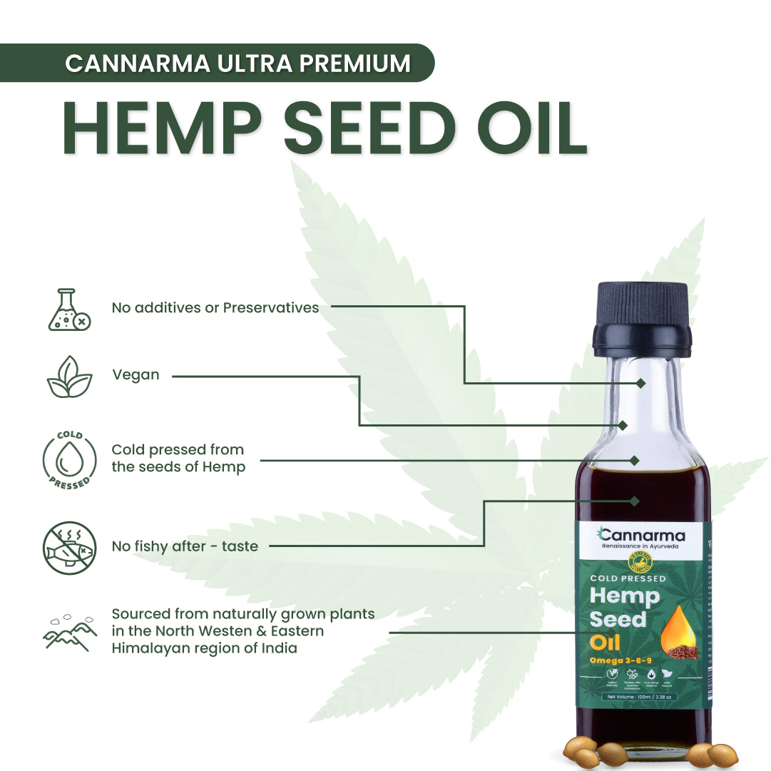 Cannarma Ultra Premium Hemp Seed Oil in bottle with omega-3-6-9 benefits and vegan ingredients