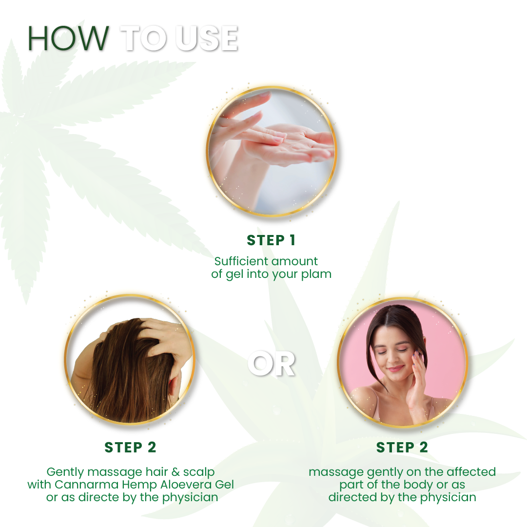 Instructions for using Cannarma Hemp Aloevera Gel for skin care and scalp massage