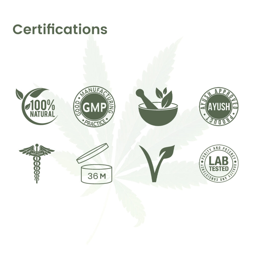 Cannarma Pain Oil with certifications including 100% natural, GMP, and lab tested for quality assurance