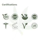 Cannarma Pain Oil with certifications including 100% natural, GMP, and lab tested for quality assurance