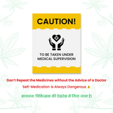 Caution sign for Cannarma Hemp Extract Oil advising medical supervision and warnings against self-medication