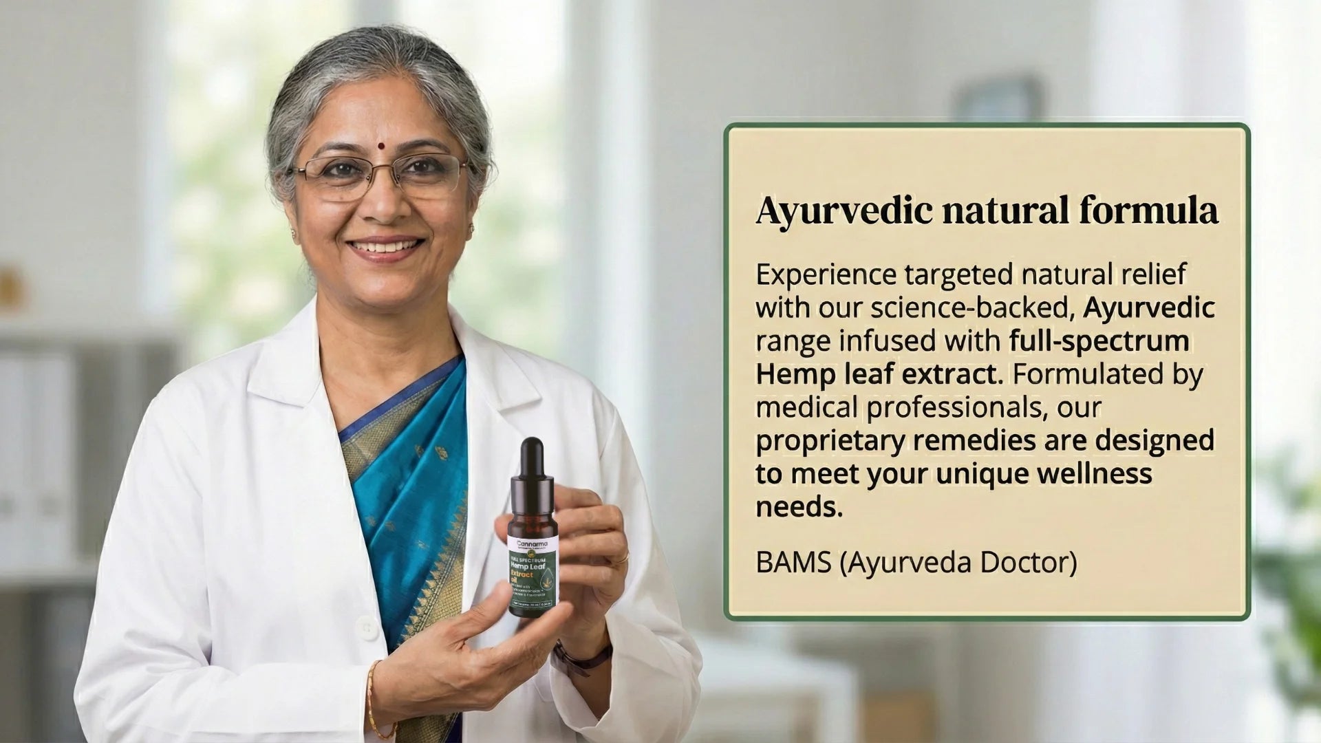 Woman in a white coat holding a bottle with text about Ayurvedic natural formula.