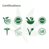 Cannarma Pain Balm Certifications including 100% Natural, GMP, and Lab Tested indicators