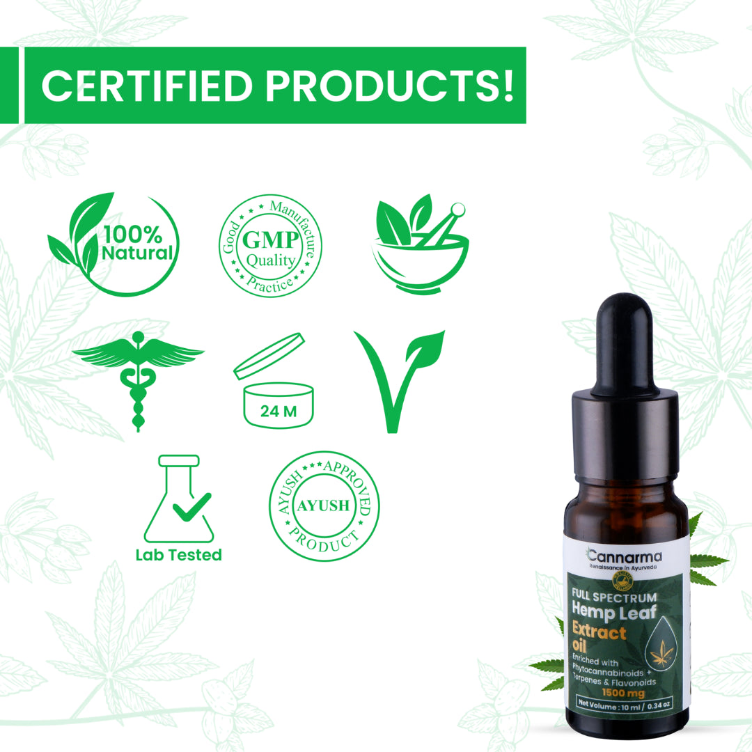 Cannarma Full Spectrum Hemp Leaf Extract Oil in a dropper bottle, 24 ml, 100% natural and lab tested
