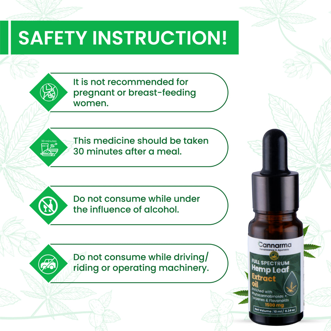 Cannarma Full Spectrum Hemp Leaf Extract Oil Bottle with Safety Instructions for Use