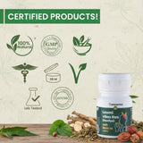 Certified products label with various green icons and a bottle labeled 'Laxmi Vilas Ras' on a natural background.