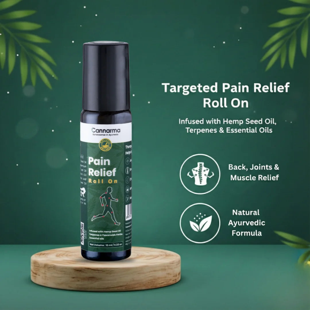Pain relief roll on bottle with green leaves on a dark green background