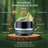 Pain relief balm jar with botanical ingredients on a green background