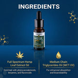 Cannama full spectrum hemp leaf extract oil bottle with ingredients listed on a blue background