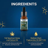 Bottle of Cannharma Full Spectrum Hemp Leaf Extract Oil on a blue background with molecular structures and text about ingredients.