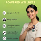 Woman holding a product with 'Powered Wellness' branding and features listed on a green background