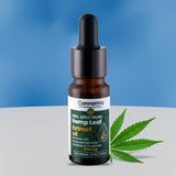 Bottle of Cannarma full spectrum hemp leaf extract oil with a dropper on a blue and gray background.