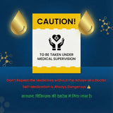 Caution label for medicines with medical supervision advice on a blue background