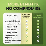 Comparison chart of Cannarma Pain Relief Pain Balm versus other pain balms on a green background.