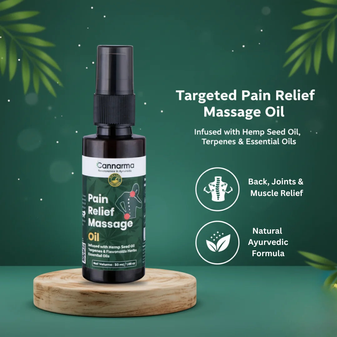 Cannama Pain Relief Massage Oil bottle on a wooden platform with green leaves on a dark green background