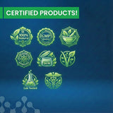 Set of green certification logos on a blue background with 'CERTIFIED PRODUCTS!' text at the top.