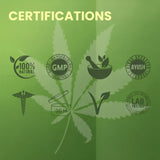 Certifications related to cannabis on a green background with leaf design.