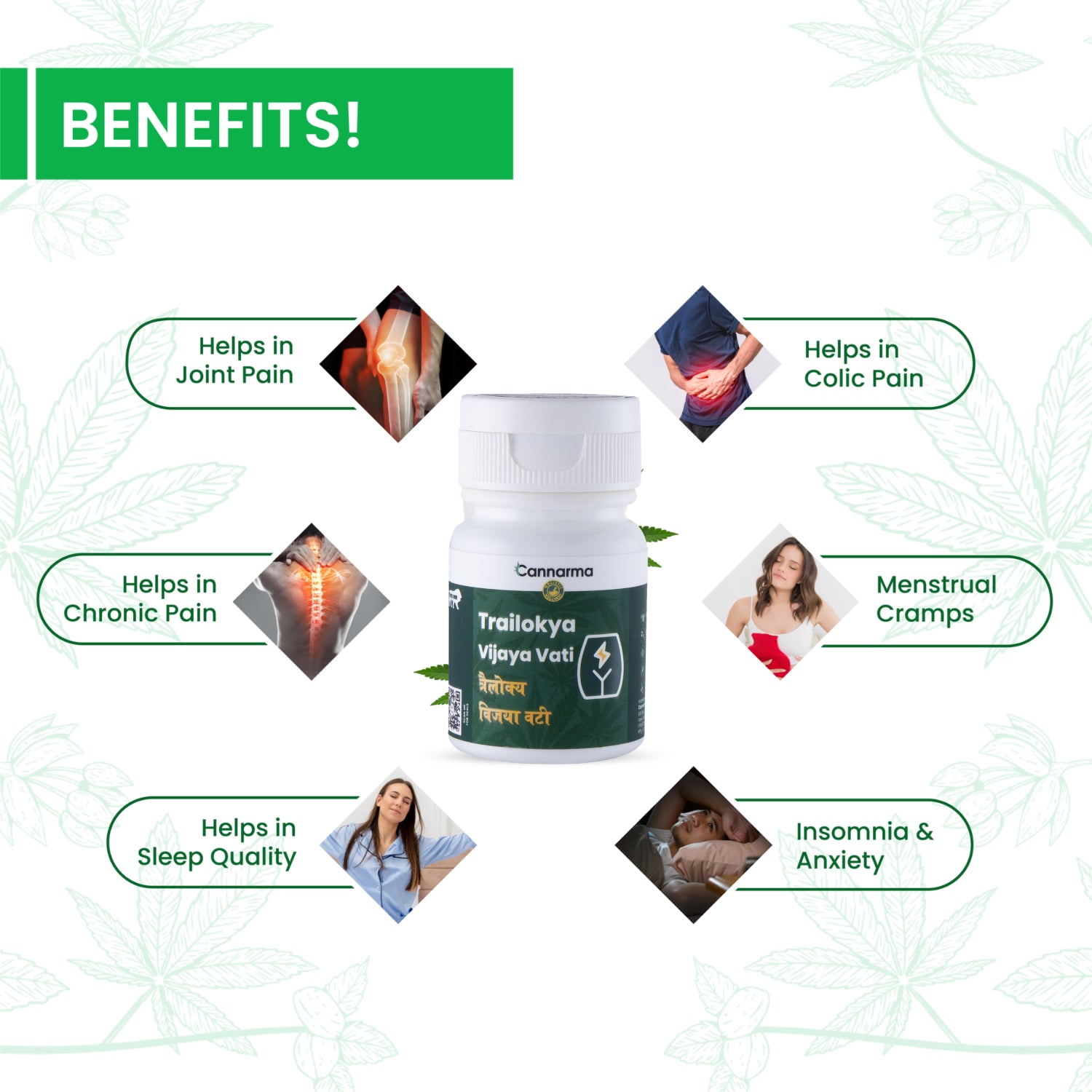 Cannarma Trailakya Vijaya Vatti Pain Tablets to relieve joint pain, menstrual cramps, and anxiety for better sleep