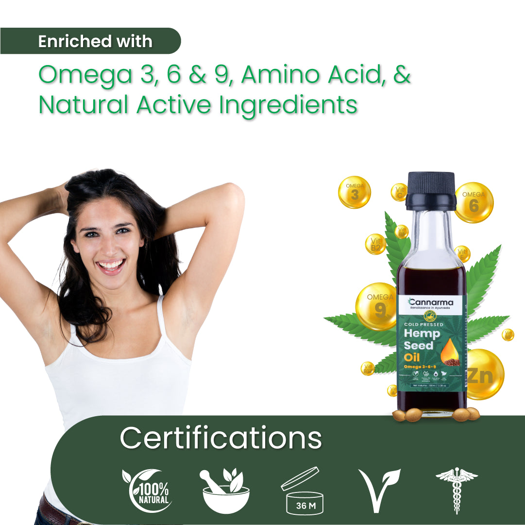 Cannarma Hemp Seed Oil enriched with Omega 3, 6, 9 and natural active ingredients for health benefits