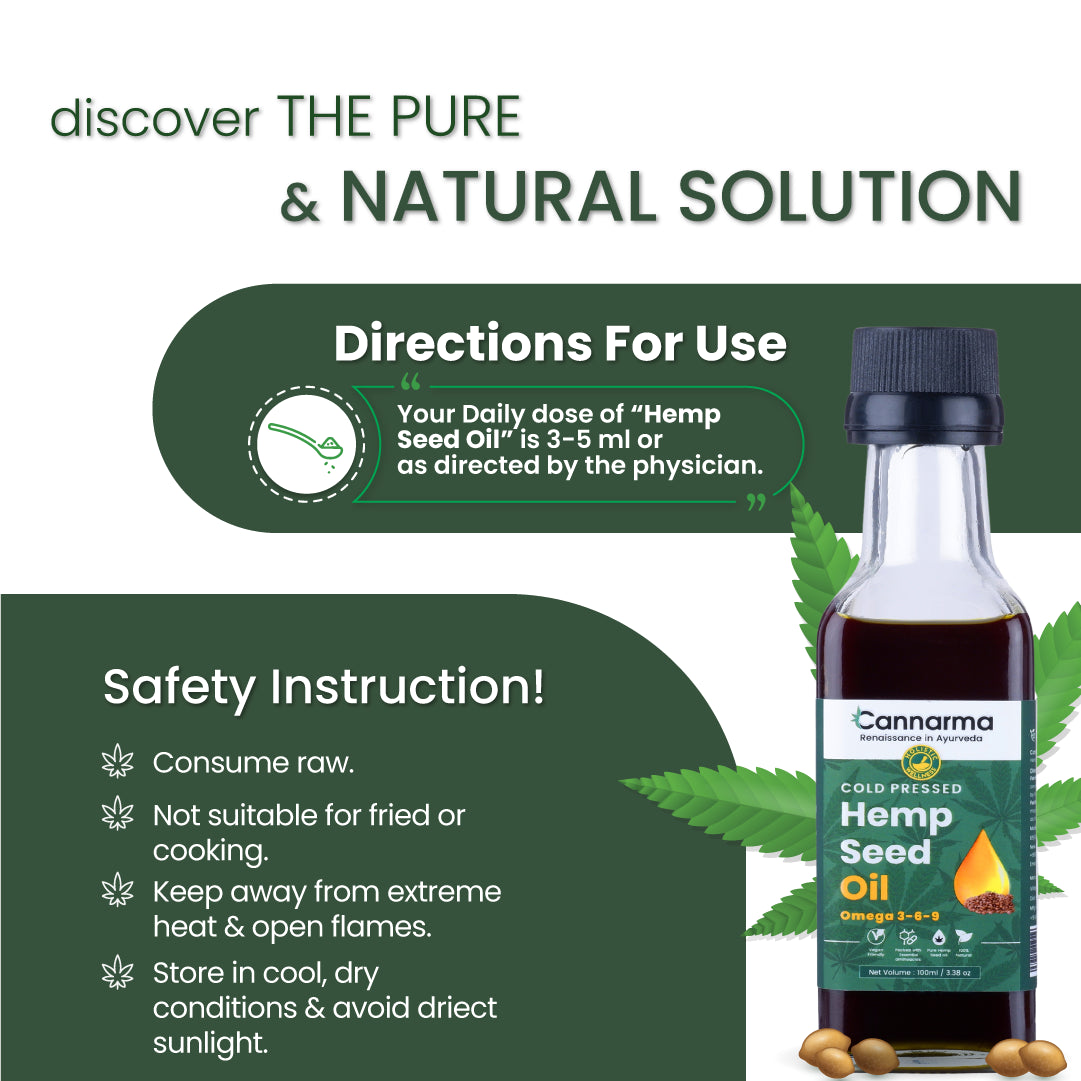 Cannarma Pure Hemp Seed Oil Bottle with Directions for Daily Use and Safety Instructions