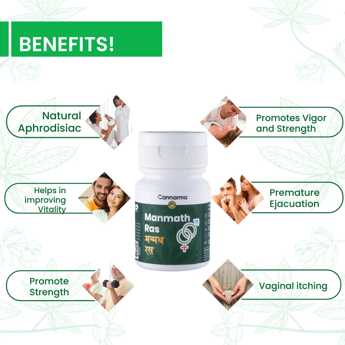 Cannarma Manmath Ras herbal supplement bottle promoting sexual wellness and vitality benefits